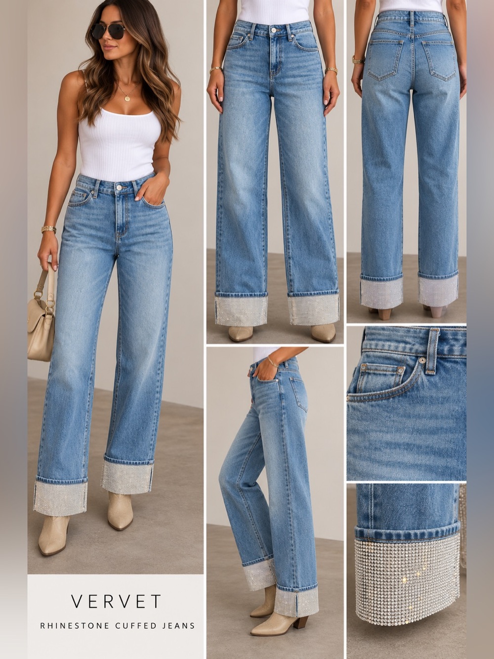 VERVET Rhinestone wide leg High-waisted cuffed jeans 28